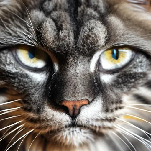 Prompt: A huge tom cat. , mottled grey hair, covered in so much scar tissue that he looks like a fist with fur on it. left eye is yellow, The right eye is pearly white, radiates genuine intelligence, 