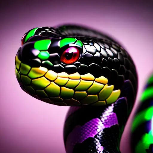 Prompt: a face shot of a 1-foot snake with black and green markings and red eyes purple aura, very glossy and shiny, reflective, perfect composition, hyperrealistic, super detailed, 8k, high quality, trending art, trending on artstation, sharp focus, studio photo, intricate details, highly detailed, Trending on Artstation, Cozy wallpaper, Pastel colors, soft lighting