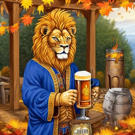 Prompt: smiling lion wearing a regal robe of royal blue and gold  with a large stein of beer in a beer garden with fiery fall foliage and a firepit 