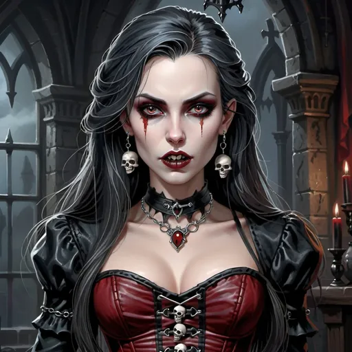 Prompt: Ravenloft half-vampire female with long black-layered, silver-highlighted hair. Her skin is pale, her eyes are shaped like almonds with blue-grey pupils. Her ears are lined with small hoop earrings, but the lower piercing on her earlobe are gothic dangle earrings. She has her mouth opened in a sinister way that shows large vampire fangs, her lips are dark crimson. Her clothes are black leather with a dark red and white laced corset. Her jewelry is dark with skull pendants. She has her arms crossed in front of her, holding sickles in each hand. 