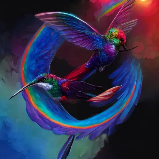 Prompt: cute flying hummingbird phoenix, embers surrounding her wings, shining rainbow feathers, smooth features, on fire, highly stylized, digital painting, artstation, concept art, smooth, soft focus, beautiful rainbow colors, illustration, hummingbird phoenix art by Artgerm and greg rutkowski