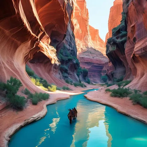 Prompt: A shalow azur River flowing through a canyon and a horse with a cowboy on it drinking from the river