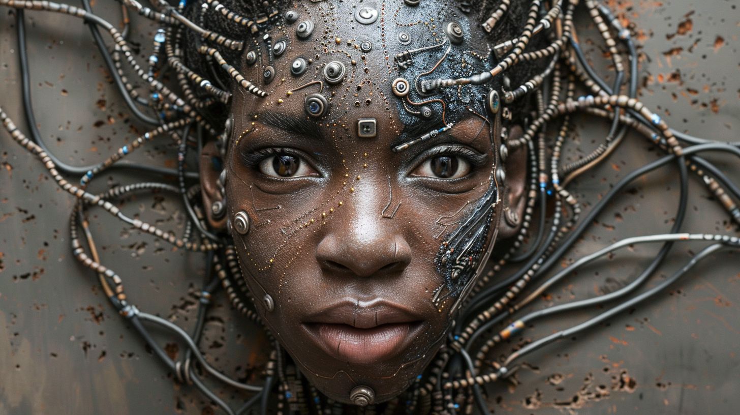 Prompt: 3d female face surrounded by wires,, in the style of dark silver and dark black, afrofuturism, intricate body-painting, pixelated, robotic motifs, made of rubber, textural minimalism --ar 16:9 --style raw --sref https://s.mj.run/_vhRlu9kGec --stylize 250