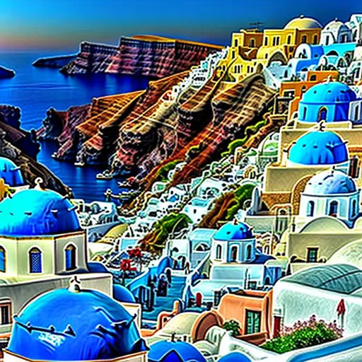 Prompt: A Greek person is wearing a necktie with a toga, the person is wearing a ten-gallon hat, the area is surrounded by buildings with blue domes, landscape, realistic, photograph, Santorini