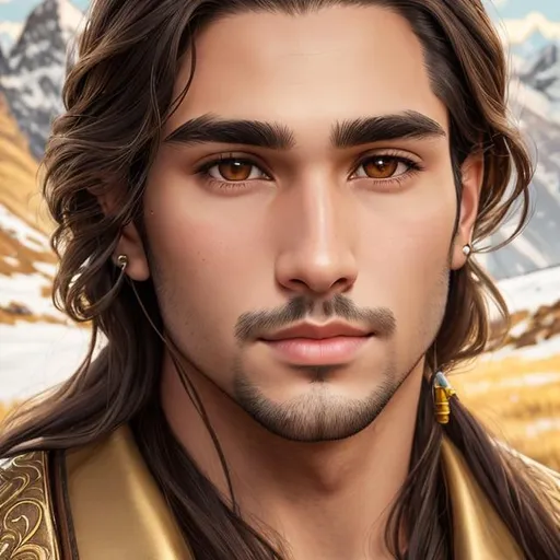 Prompt: man, brown middle part hair, medium long hair, brown eyes, thick black eyebrows, juicy lips, beautiful nose, oval face, golden earring left side ear, mountain background, detailed face portrait, realism, 4k, HD