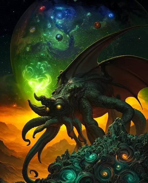 Prompt: Cthulhu, planet and stars in sky, intricate, masterpiece, hyper detailed, firestorm, 8k, neon highlights, HDR, Highly Detailed, perfect composition, photo real, realistic, super detailed, 8k, high quality, sharp focus, intricate details, highly detailed, masterpiece