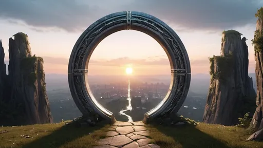 Prompt: circular portal, gateway between cities realms worlds, ring standing on edge, freestanding ring, complete ring, panoramic view