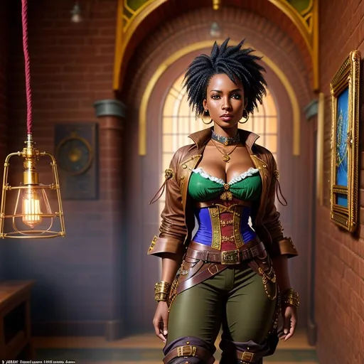 Prompt: Female African descent steampunk inventor, High-resolution hyper realistic painting of {steampunk ebony, highly detailed, short hair, fit body}, full body shot, heroic, real, alive, real skin textures, dramatic pose, uhd, hdr, 64k, epic scene, sharp edges, dressed as a pirate, wearing baggy pantaloons, expressive amused lips. Little smile. Clean. Intricate details.