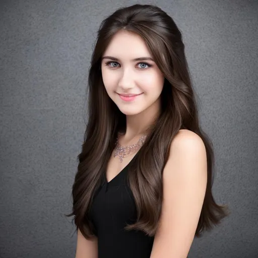 Prompt: woman with long brown hair and brown eyes in a black dress