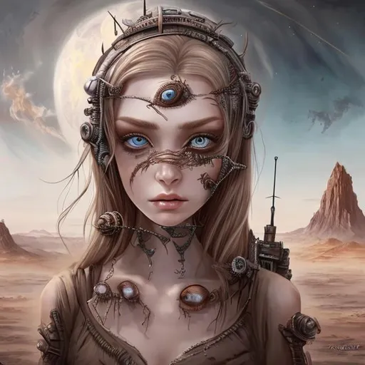 Prompt: feminine princess with beautiful eyes, apocalyptic alien desert, fantasy, d&d