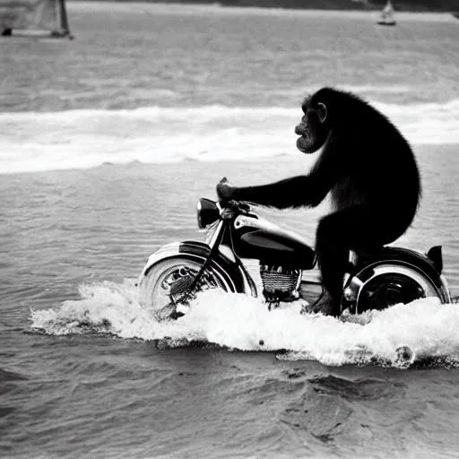 Prompt: photo of chimpanzee, wearing a sailor suit, riding a motorcycle