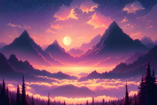 Prompt: aesthetic, pastel, beautiful, painting, cute, soft, art, RPG, high res, illustration, sunset, stars, mountains, wonderland, moon,sci-fi,Forrest,soft clouds,