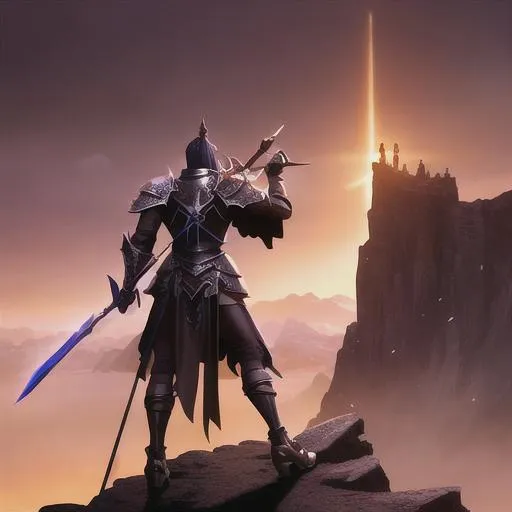 Prompt: Renowned Knight standing on cliff with sword on shoulders, Black Blade, elven armor, cinematic lighting. Stern disposition, gloom colors, Looking away from viewer, edge of cliff in Mordor, 3d render, Macro, perfect composition, hyper realistic, super detailed, 64k, high quality