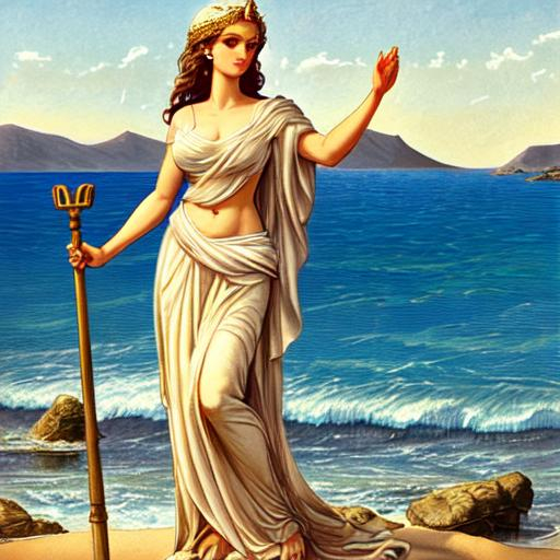 A Greek goddess standing on the shore by the sea OpenArt