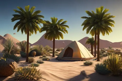 Prompt: a vast desert, in its center a small green oasis, a nomad tent under palm trees, highly detailed, photorealistic, high definition