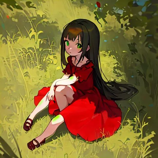 Prompt: a little girl with innocent green eyes and a long red dress, sitting on her knees looking up