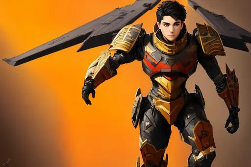 Prompt: The armored pilot has light brown eyes, short black hair, and is a young Hispanic male in his twenties. A short and stocky pilot in full red, black, gold and orange combat armor. T pose turnaround. highly detailed, digital painting, Trending on artstation , HD quality,