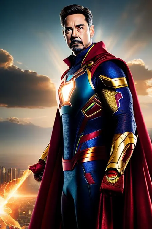 Prompt: High-resolution hyperrealistic photo of sorcerer-supreme merged with iron-man, blue and gold armour, red cape, uhd, hdr, 64k