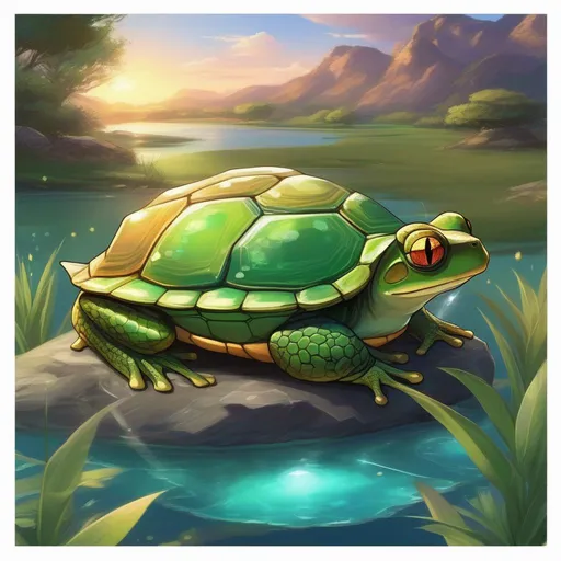 Prompt: a fusion between a frog and a turtle, with a gemstone embedded in its forehead, a detailed savannah background, RPG art, Anime art, 2D art, 2D, majestic