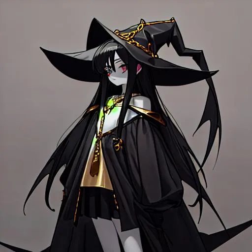 Prompt: A thirteen year old girl with long straight black hair, tall black witch hat, pale white skin, dull gray eyes, smooth black skirt, small gold chain necklace with a heart on it, with a small black dragon on her shoulder