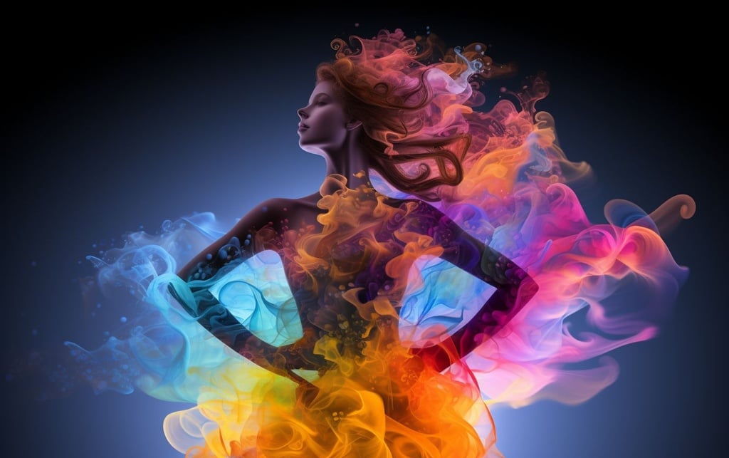 Prompt: transparent girl made of colorful smoke and fire