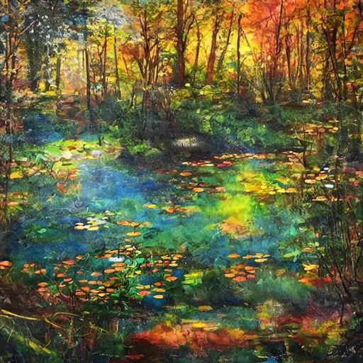Prompt: Magical pond, in forest, childhood, brilliant sunrays, modernist painting, dreamscape