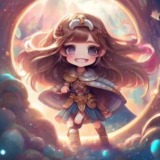 Prompt: (masterpiece, best quality:1.2), illustration, absurdres, highres, extremely detailed, 1 petite girl, brown long hair, brown eyes, eye highlights, look happy, upper body, (moon:1.2), chromatic aberration abuse, pastel color, DND, Chibi