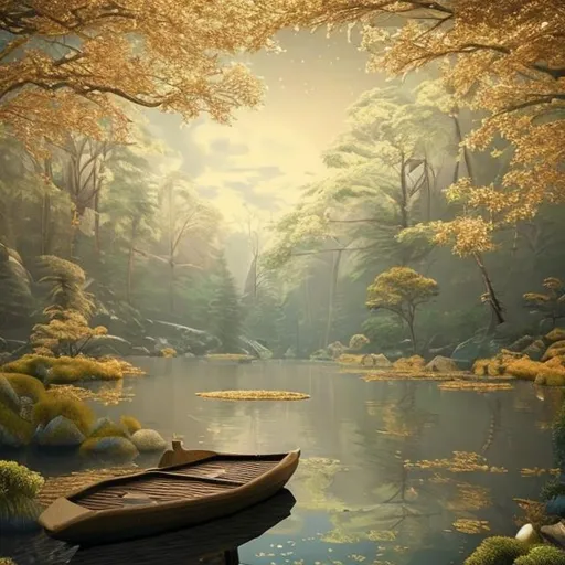 Prompt: A calm and serene art piece with gold details and has a nature theme.  Make it realistic

