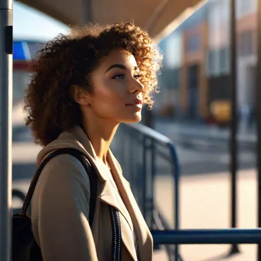 Prompt: a woman (curly hair) waiting the bus, sun rays, professional, UHD, HD, highly detailed, Hyperrealistic, sharp focus, front view
