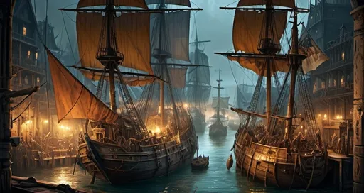 Prompt: Warhammer fantasy RPG style illustration of ships in a bustling dock, gritty and weathered, towering masts and billowing sails, intricate and detailed ship architecture, bustling with activity, atmospheric and moody lighting, highres, ultra-detailed, fantasy, RPG, weathered ships, bustling dock, detailed architecture, gritty, atmospheric lighting, eerie atmosphere