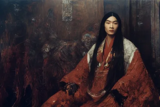 Prompt: beautiful extraordinary chinese man with very long hair, long smooth hair, extraordinary sensual, moth armour, jewels, xianxia, white fur, enchanted chinese village, dark fantasy,  by Lawrence Alma-Tadema Cy Twombly A. R. Penck