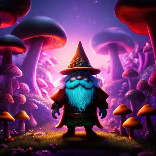 Prompt: Mushroom, dwarf, gnome, magic, fantsy, mushroom man, living fungus, spores, glow, purples pinks oranges and greens, cave, dim lighting, spooky, adventure, long ears, big nose, bearded