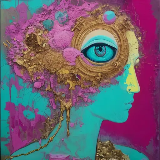 Prompt: Very  Expensive Painting, brain waves, third eye, visionary, contemporary, mixed media, pink, mauve, turqouise, gold
