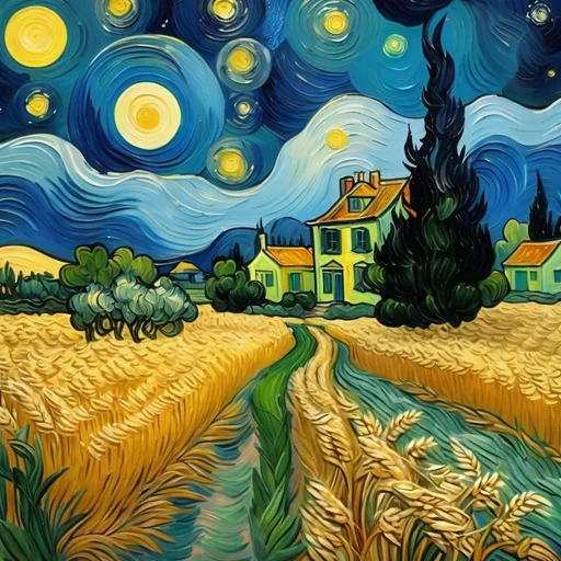 Prompt: a painting of a wheat field with a house and trees in the background with a night sky with stars and a full moon,  Van Gogh inspired, Art & Language, post-impressionism, impressionist painting, a painting