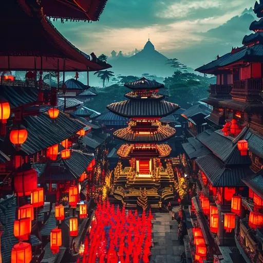 Prompt: A breath taking view of a Balinese temple in the middle of Cyberpunk City with red lanterns 