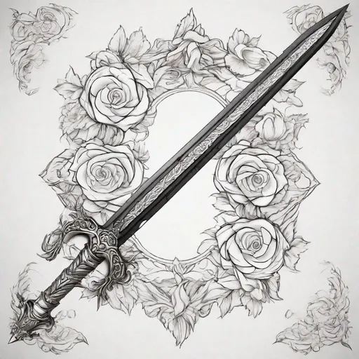 Prompt: Create me a simple straight short sword, the picture should be in black and white, pencil drawn, and a floral border and white background 