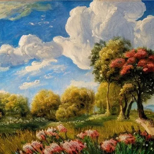 Prompt: french impresionist style landscape with clouds flowers and trees
