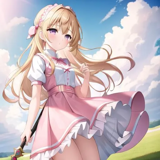 Prompt: 1girl, solo, (doll wearing pink dress with white overskirt with pink polka dots, white pantaloons, ballet flats), detailed face, in cinematic fantasy movie on an epic field, ((holding a shepherd’s staff)), cloud sunny day