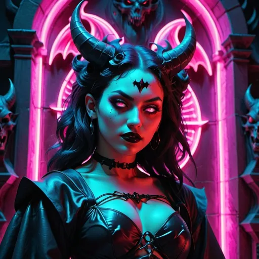 Prompt: beautiful female demon, hell, demonic, gothic, vaporwave, retro, neon, aesthetic, liminal, high quality, high definition, beautiful, dramatic lighting