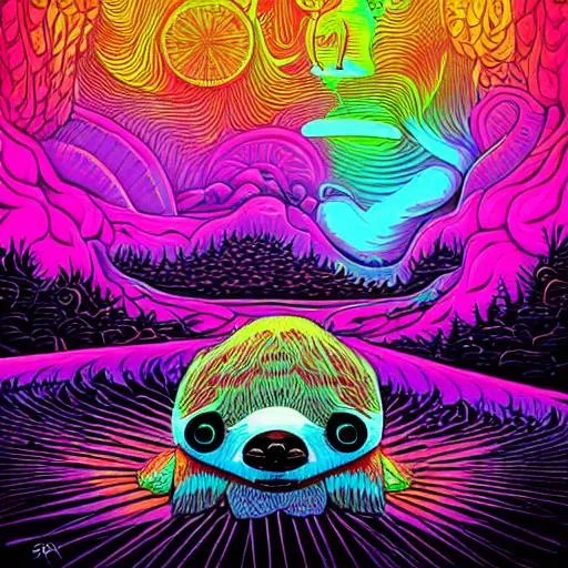 Prompt: Hypnotic illustration of {Sloth}, hypnotic psychedelic art by Dan Mumford, pop surrealism, dark glow neon paint, mystical, Behance