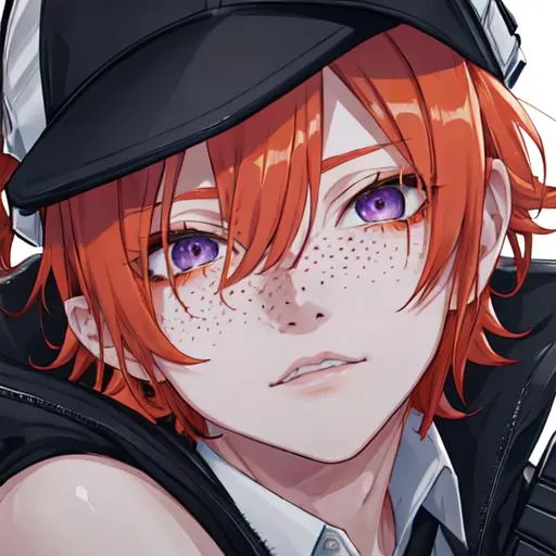 Prompt: Erikku male adult (short ginger hair, freckles, right eye blue left eye purple) UHD, 8K, Highly detailed, insane detail, best quality, high quality, holding a chainsaw