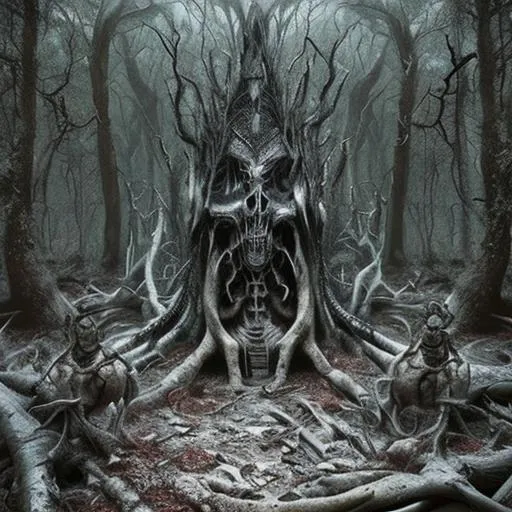 Prompt: 8k resolution concept art digital art hyperdetailed ominous polished complex black metal album cover cursed forest undead Indigenous American people mysterious detailed horror