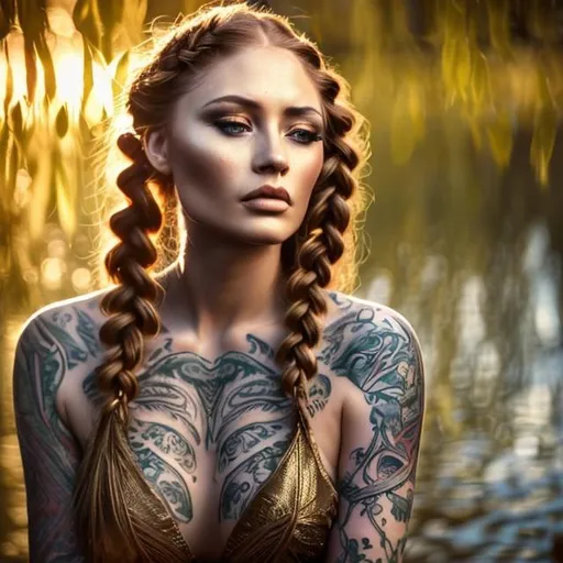 Prompt: highly detailed beautiful 30 year old woman sitting under a willow tree beside a river, eye makeup, long braided, red hair, and green eyes, thick eyebrows, natural makeup, soft lighting, golden ratio, rule of thirds, heavily tattooed, 24mm, Creative Bokeh, Medium Wide Shot, 3d ray tracing, daytime background, golden hour, direct backlighting, rim lighting, outdoor lighting, subsurface scattering unreal engine 5, octane render, trending on artstation, deviantart, brown tones, 8k, cute freckles, seductive, fashionable,