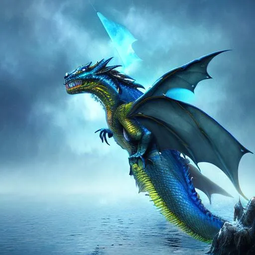 Prompt: flying water dragon, blue armor scales, mysterious fog lake background, hyper realistic, full body, chinese style, dragon head full of blue crystal scales and sharp horns, glowing yellow eyes