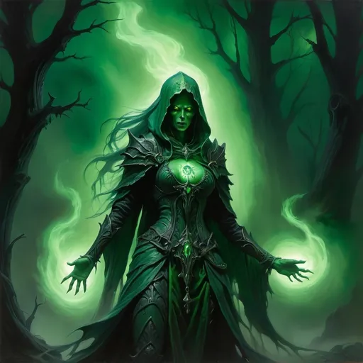 Prompt: Eerie banshee in Warhammer fantasy RPG style, oil painting, grimy atmosphere, detailed spectral figure, haunting presence, dark and mysterious, high quality, oil painting, dark fantasy, eerie atmosphere, grimy, detailed spectral figure, haunting, dark tones, atmospheric lighting, haunting green ambient light