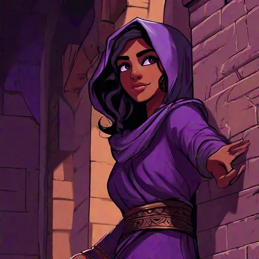 Prompt: A arabian young girl thief in black and purlple dress. Cute. Well draw face. detailed. she is climbing a wall in dark alley in a middle-eastern ancient city. rpg art. rpg illustration.  2d art. 2d.