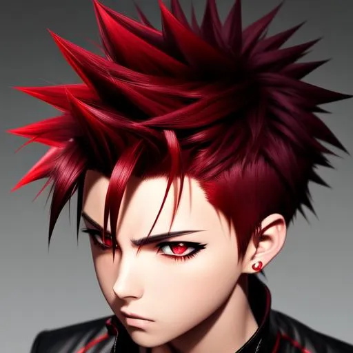 Prompt: Extremely detailed Image of an anime boy with red spiked hair, Dark & Intense image. Aesthetically brilliant Stylized.  Everything is perfectly to scale. Award winning. Anime Style. Dark background.