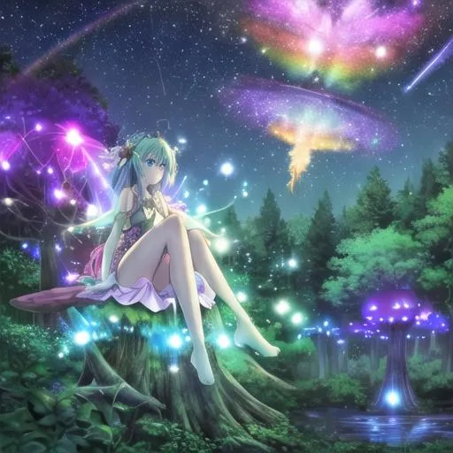 Prompt: Human looking Mature fairy sitting on a toadstool looking up at the stars at night in a forest with ephemeral lights darker rainbow sky and fireflies digital art two legs