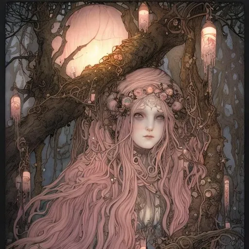 Prompt: Druid witch Girl with pretty detailed face rose gold pinkish hair perched high in a tree branch with lanterns by John bauer storybook illustrations high contrast 