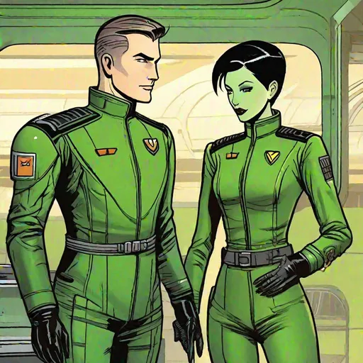 Prompt: A green skinned scifi green female with green skin, she has short black bob hair, well drawn green face, uniform, her skin is green, she has green skin. entangled in love with a Handsome caucasian male scifi masculine manly man pilot with very short slicked back (brown) pompadour undercut hair, fully dark entirely jet black leather jacket. green eyes, his skin is normal pale. detailed. star wars art. 2d art. 2d